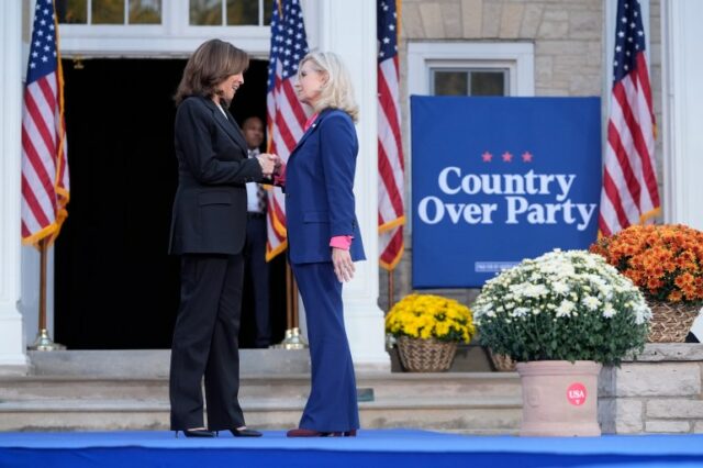 Kamala Harris e Liz Cheney apertam as mãos no palco em frente a uma placa que diz: 