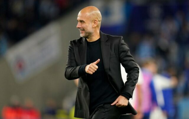     Pep Guardiola, treinador do Manchester City, reage após o jogo da Fase MD2 da UEFA Champions League 2024/25 entre SK Slovan Bratislava e Manchester City 