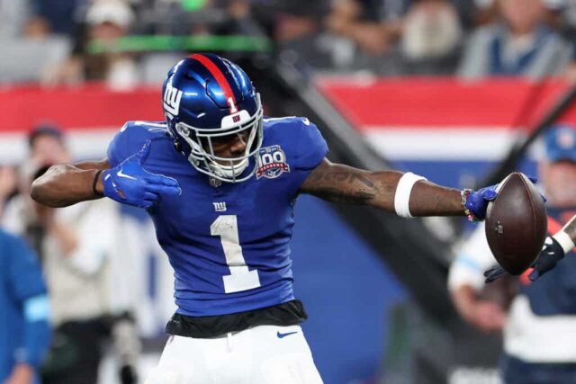 EAST RUTHERFORD, NOVA JERSEY - 26 DE SETEMBRO: Malik Nabers nº 1 do New York Giants comemora uma recepção durante o terceiro quarto contra o Dallas Cowboys no MetLife Stadium em 26 de setembro de 2024 em East Rutherford, Nova Jersey. 