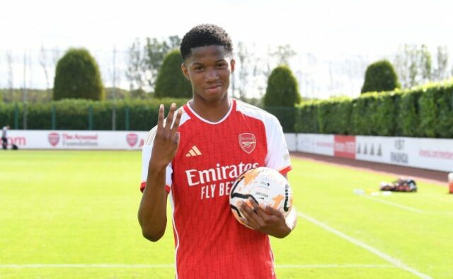 Chido Obi-Martin with the matchball after scoring a hat trick for Arsenal after the U18 Premier League match between Arsenal U18 and Southampton U18