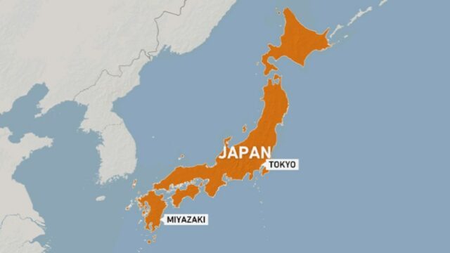 Mapa do Japão mostrando Tóquio e Miyazaki