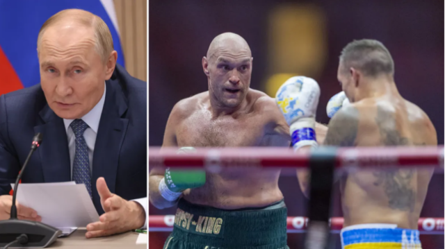 Vladimir Putin (esquerda) e Tyson furiosos lutando contra Oleksandr Usyk (direita)