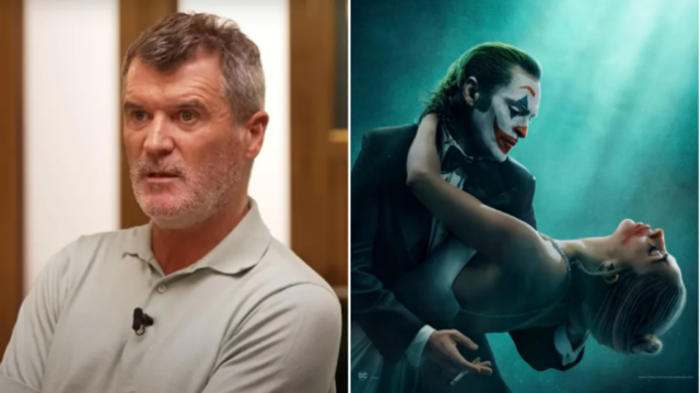 Uma foto de Roy Keane à esquerda e um pôster do Coringa à direita 