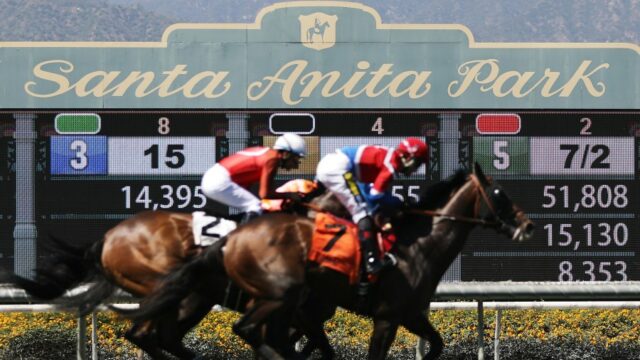 Cavalos de corrida correm no último dia da temporada de corridas de cavalos de inverno/primavera no Santa Anita Park, em 23 de junho de 2019, em Arcadia, Califórnia. (Mário Tama/Getty Images)