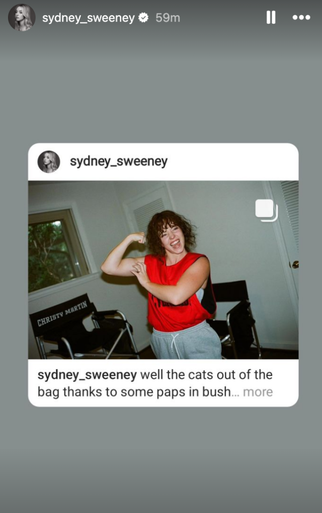 Sydney Sweeney Instagram Stories mostrando seu cabelo escuro