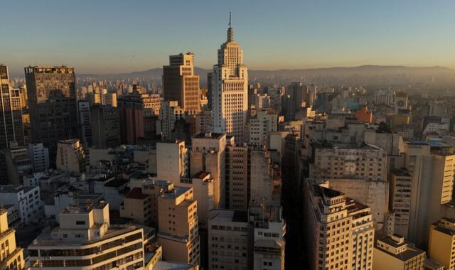 A drone view shows Farol Santander building and downtown Sao Paulo